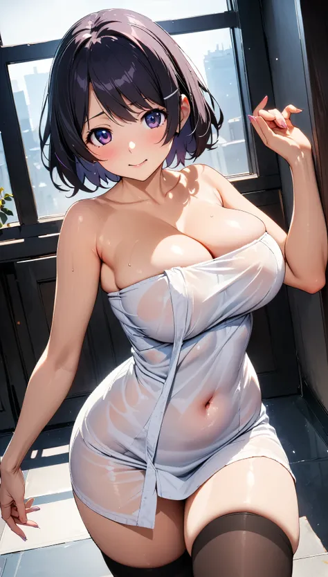 (1girl, hanekawa tsubasa, monogatari (series)), beautiful detailed eyes, purple eyes, curvy, Slender, large breasts, (black thigh highs), (cleavage) , (sexy pose), (bewitching pose), (crop top navel), (Naked Towel, (see-through Naked Towel, 粘着性のあるNaked Tow...