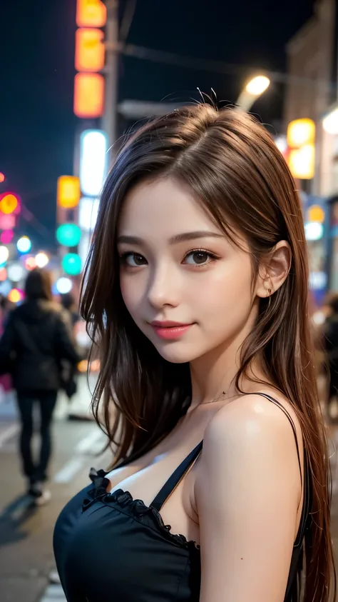 1 girl, Tokyo Street,night, Streetscape,City lights,Upper Body,close,smile,, (8k, RAW Photos, Highest quality, masterpiece:1.2),(Realistic, photo-Realistic:1.37),