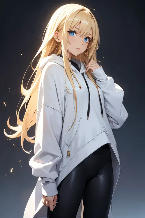 1female, blonde hair, blue eyes, long straight hair, white hoodie, black leggings, gold earrings, foggy background, standing, hands at sides