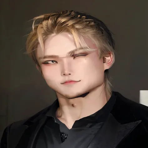 a close up of a Korean man ulzzang boy in a black shirt and a suit, hair blonde, perfect beautiful  face,perfect faces, beautiful  face, blonde boy with yellow eyes, extremely pretty.