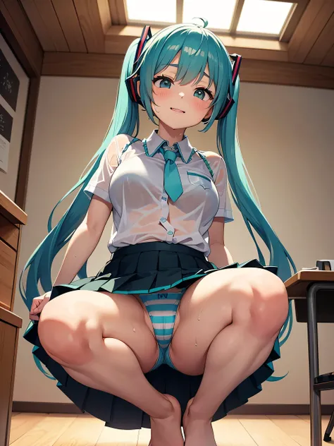 Young Hatsune Miku、girl、独奏、blush、Big Breasts、girl、Kindergarteners、、6 years old、、、be happy、Striped panties、clothes、Puffy short sleeves、Pleated skirt、Clothes are see-through、From below、Wet clothes、、Sit with your legs apart、Bra showing through over clothes、Se...