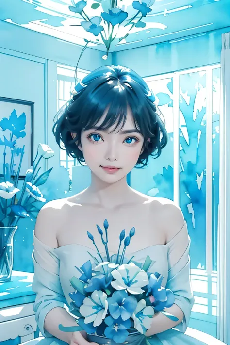 1girl,flower, Lisianthus ,in the style of light blue and cobalt, dreamy and romantic compositions, pale pink, ethereal foliage, playful arrangements,fantasy, high contrast, ink strokes, explosions, over exposure, blue and light blue tone impression , abstr...