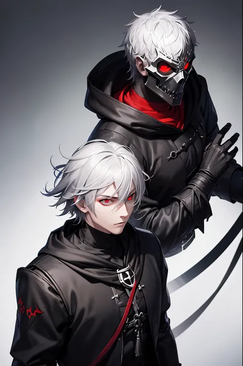 Assassin, male, red eyes, fantasy character, strong body Wear a skull mask to cover your face and eyes. Wears black medieval clothing and a white hoodie on the outside, gray hair, short hair.