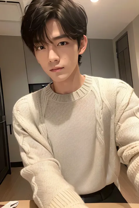 masterpiece, best quality,1boy, solo, black hair, realistic, short hair, sweater, messy hair, closed mouth, upper body, room, selfie, caucasian