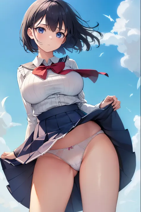 masterpiece, Highest quality, there is nothing, hmhy1, Short Hair, White Dress, Frills, ribbon, Long sleeve, Open clothes, Are standing, Outdoors,(Schoolgirl uniform), (Expressionless face), High contrast shiny oily skin,, Huge long breasts, Naughty big、bi...