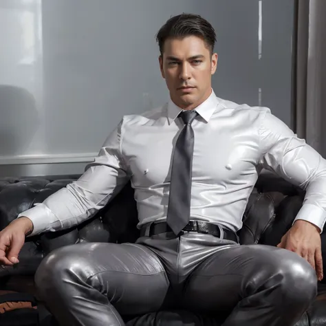 30 years old, The young daddy, very handsome, wear "shiny, tight-fitting body suit", wear white shirt, very glossy shiny silver dark gray pants, necktie, waistcoat, shiny satin trousers, wear leather belts, dark gray satin fabric ,Dad sit on the sofa, k hd...