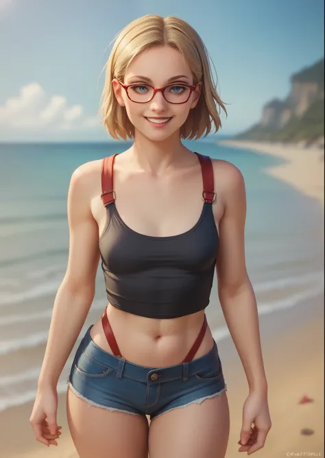 1girl, cassie_drake, short hair, blonde hair, blue eyes, glasses, small breasts, black tank top, red straps, bra straps, denim s...