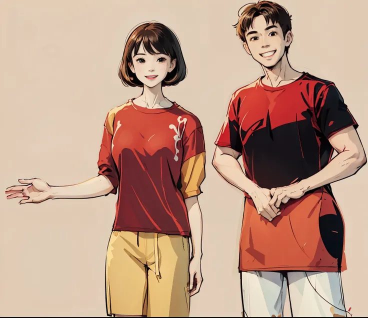A welcoming couple wearing red t-shirts, gesturing welcome with their hands and happy smiles on their faces, simple lines and flat illustrations in cartoon style, full body portraits in high definition and high resolution, beige background. The couple is w...