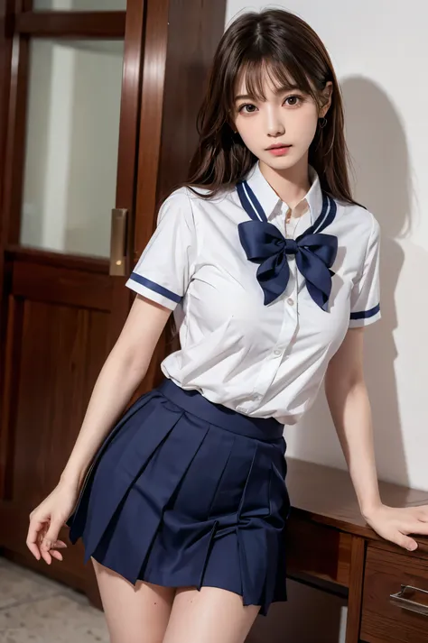 (Ultra HD), (Sailor suit:1.4, White short sleeve shirt, Navy blue mini skirt), Big Breasts, slender, whole body, Standing posture, (Clean and shiny skin, Whitening, No makeup), (Super slim face, Super beautiful face), (Light Brown Hair, Layered Cut, Fluffy...