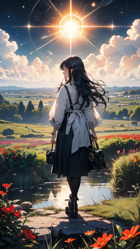 (((masterpiece))),(((Highest quality))),((Very detailed)),Rear view, Look at the sun, 空にはuniverse船がある, three suns, Black Hair Girl, 12-year-old girl, Standing in the grassland, landscape, universe, 8k, Super Detail,Stand 20 meters away,