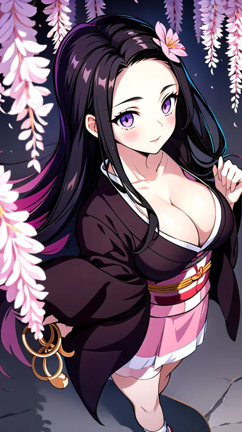 (Highest quality),(masterpiece), 8k,Very detailed, Detailed light, Best Shadow,Detailed reflective eyes, Beautiful Eyes, Very detailedな顔,Shiny Hair,sexy,Big Breasts,Charm,One person,Gloss,nezuko,Demon slayer,kimono,Black Hair,Wisteria flower,Charm,Expressi...