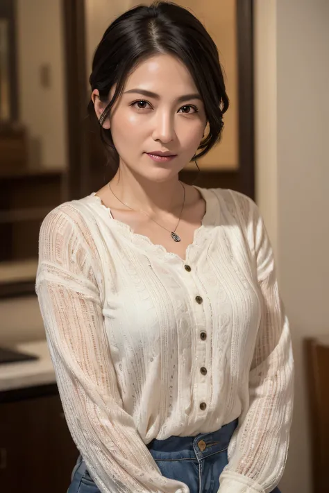 (In 8K, Highest quality, masterpiece:1.2), (Realistic, Photorealistic:1.37), Ultra-detailed, Natural light, , 1 person, 45-year-old woman, Black Hair, pendant, Trendy clothes、Less exposure, Highly detailed face and skin, Detailed eyes, Highly detailed face...