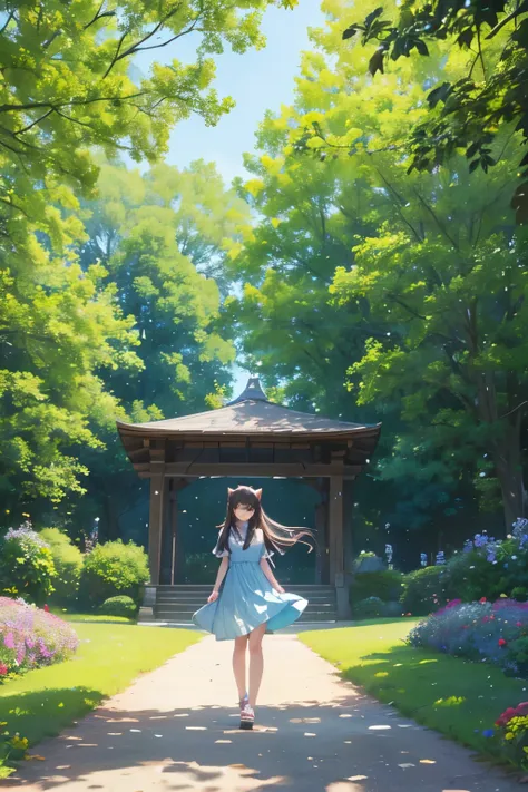 Masterpiece, 4K, Cat ears, 

A beautiful high school girl with long flowing hair, wearing a summer dress, enjoying her summer vacation. She is standing in a picturesque setting with a bright blue sky, lush green trees, and colorful flowers in the backgroun...