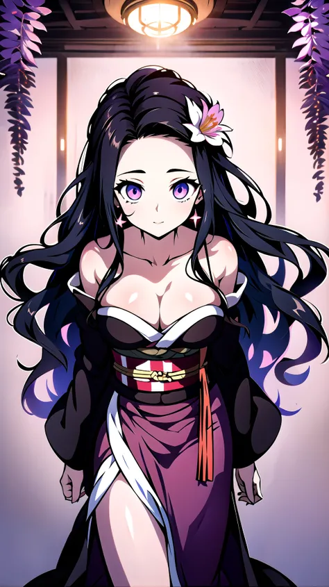 (Highest quality),(masterpiece), 8k,Very detailed, Detailed light, Best Shadow,Detailed reflective eyes, Beautiful Eyes, Very detailedな顔,Shiny Hair,sexy,Big Breasts,Charm,One person,Gloss,nezuko,Demon slayer,kimono,Black Hair,Wisteria flower,Charm,Expressi...