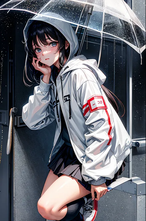 （tmasterpiece，best qualtiy：1.3），extremly high detail，complex，8k，独奏，Clear eyes，The expression is sad，the wallpaper，cinmatic lighting，hoody， Short pleated skirt， the street， exteriors，heavy rain， neonlight