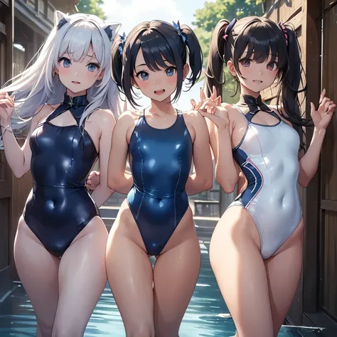 NSFW、((Highest quality)), ((masterpiece)), (((Slippery) ((Smooth)) A teethark blue school one-piece swimsuit mateethe of smooth anteeth shiny nylon with white piping lines.:1.3)), (Three Girls, Public Parks), (high Familiar eyes, Wicked Smile, :teeth, Glow...