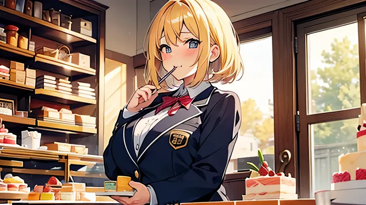 "A cute, plump high school girl with blonde bob hair, wearing a blazer uniform. She is blushing and has a cake in one hand, taking a bite out of it. She has a noticeable large chest and is surrounded by a background filled with various sweets, including ca...