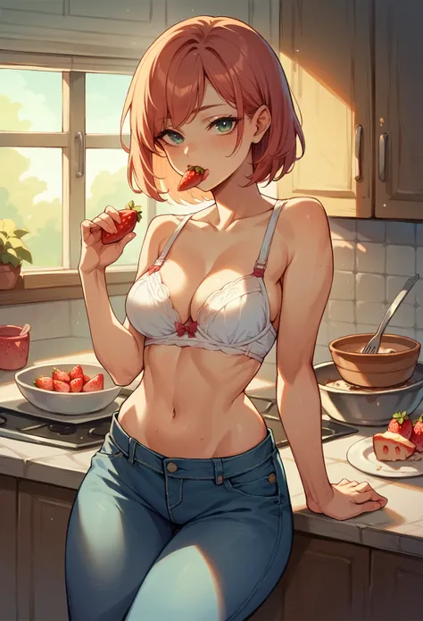 A seductive girl in a blue jeans and a short white bra eating strawberry in her kitchen 