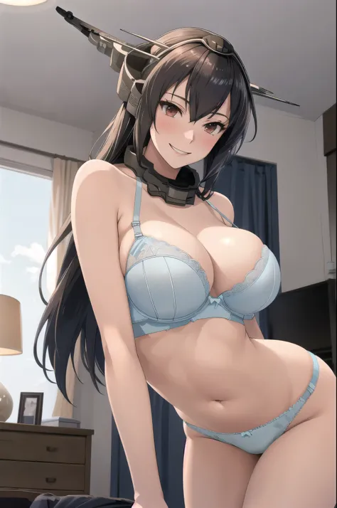 Highest quality, masterpiece, High resolution, (From behind), Butt, Front Light,  (Bright indoors, office, living room),  alone, ((Nagato Kai Ni_Fleet Collection:1.15)), 長いhair, (黒hair, Long Hair, 長hair), 赤いeye, chest, hair_between_eye, headgear, 大きいchest,...