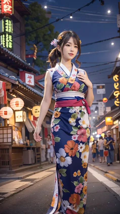 Extremely realistic and detailed image quality、Bust size 40 inchesＭcup、Super big breasts、Tight waist、Japanese Summer Festivals、A stunning beauty walking down a street lined with food stalls at night、yukata、Fireworks in the sky