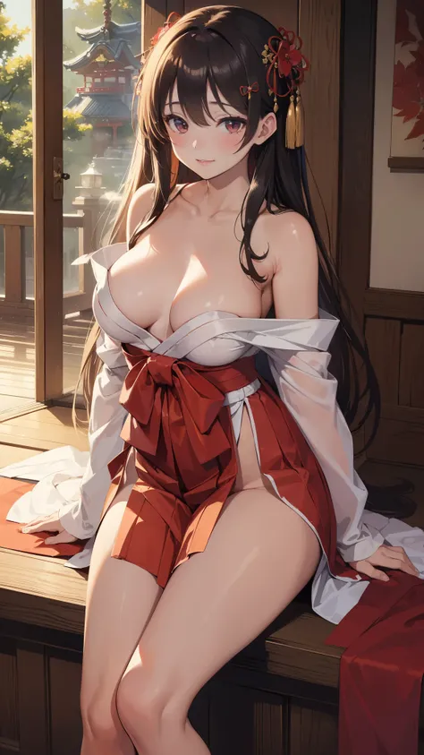 ((masterpiece)), ((highest quality)), (high resolution), (nsfw), one girl, Honoka, portrayed as a shrine maiden, elegantly sitting in front of the shrine, her Hakama skirt delicately draped around her, revealing a hint of her modesty, a subtle smile gracin...