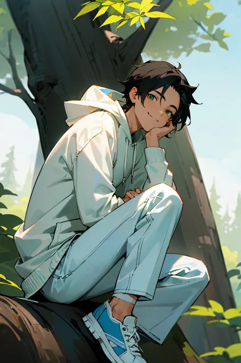 1male, Black Hair, White Hoodie, Braided Hair, Blue Jeans, Sneakers, Green Eyes, Smiling, Athletic, Regular Ranker, Young Male, Forest, Leaning against a Tree
