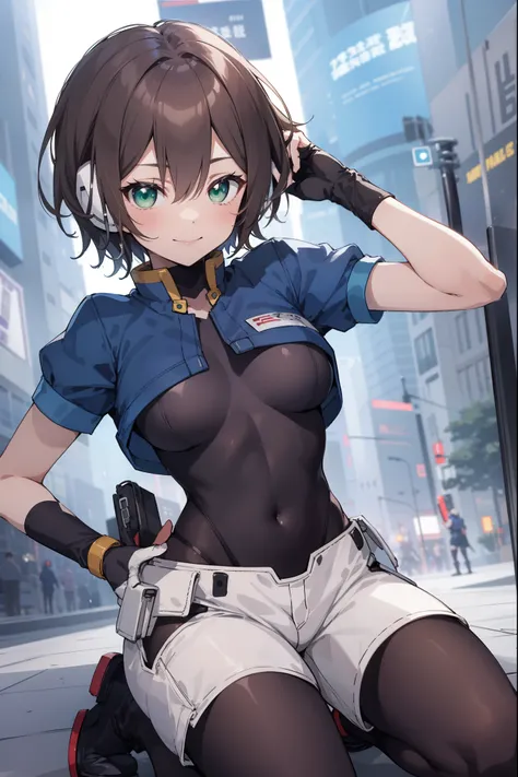 aile_megamanzx, kneeling with one hand on the ground and the other arm raised, 1girl, solo, short hair, brown hair, short sleeve...