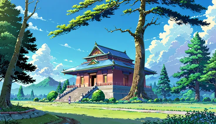 ((anime:1.4,illustration)),(masterpiece, top quality, best quality),(ultra-detailed, absolutely resolution),((16k, high res)). BREAK {lofi art, style of Laurie Greasley, style of Makoto Shinkai, anime aesthetic}, BREAK {big garden, in middle a hindu temple...