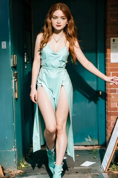 (a young sadie sink in a revealing tight long green cotton dress with a plunging neckline and leg slit:1.2), boots, 18 year old,...