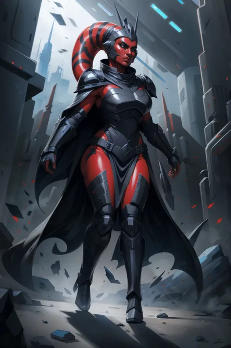 brutal red skin twi'lek warrior with huge breasts wearing futuristic ((sleek (black) armor, black armor)) robes, cowl, crown, he...