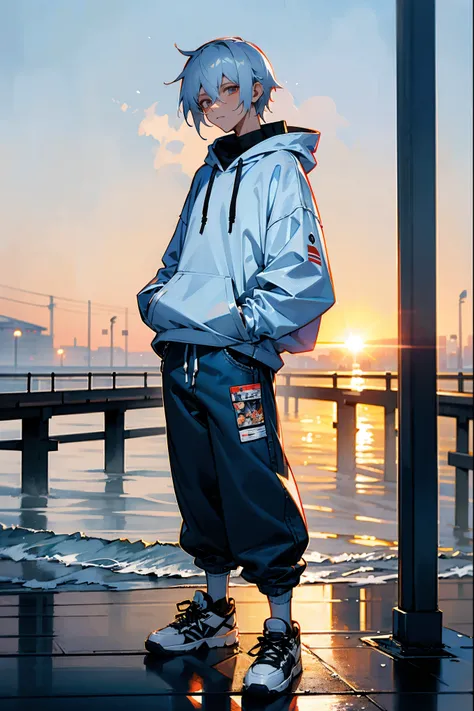 1male, white hair, black hoodie with silver embroidery, baggy jeans, sneakers, standing on a foggy pier at dawn