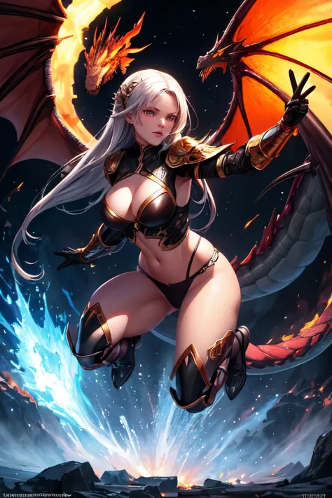 ((best quality)), ((​masterpiece)),(detailed), Battle, woman,warrior, dark, sexly, big , firestorm, night, with a dragon in the background