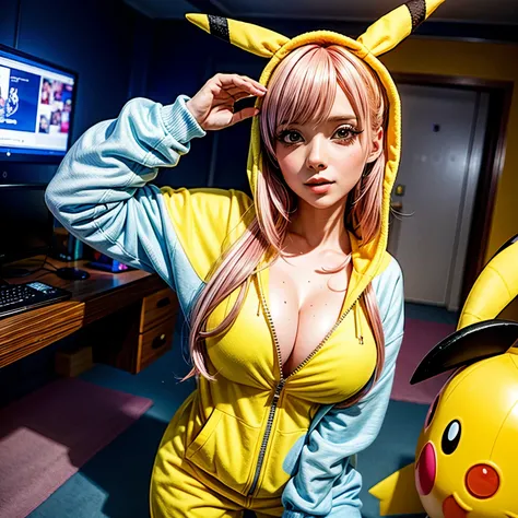 PUNIPUNI KAWAII, a beautiful Pink hair gamer girl, beautiful detailed Blue eyes with (Sparkling Highlights:1.28), beautiful detailed lips,extremely detailed eyes and face,longeyelashes,in a ((Pikachu(Yellow hoodie suit))) (Moe Sleeves:1.2), (Professional p...