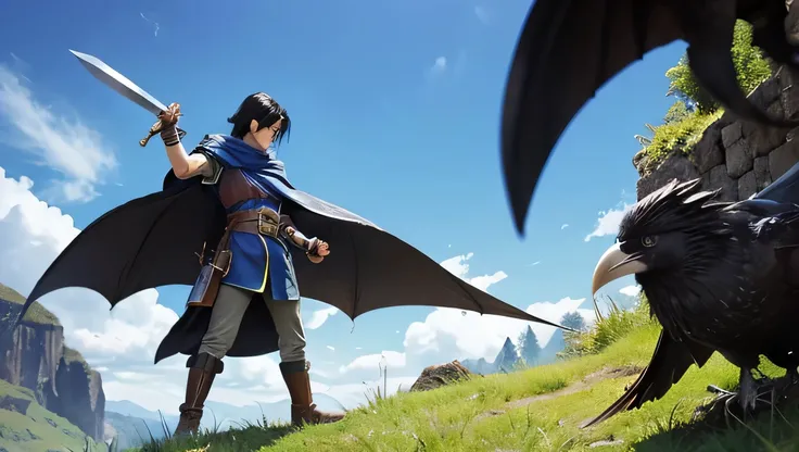 Dragon Quest、Peaceful scenery、、A black-haired hero with a sword and shield、Fighting with a crow standing on a skull