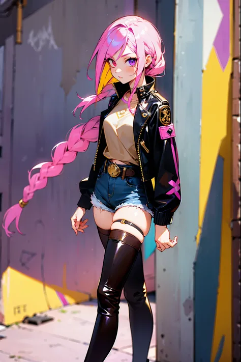 1female, pink hair, long braid, heterochromia (one purple eye, one gold eye), fitted black leather jacket, denim shorts, thigh-high boots, standing in an alley with colorful murals