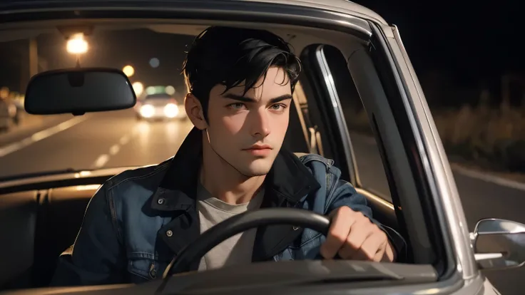 A handsome man. Short black hair. Late twenties. He is driving a car with a serious expression on his face. A car is moving on a country road late at night. He is wearing a jacket and jeans.