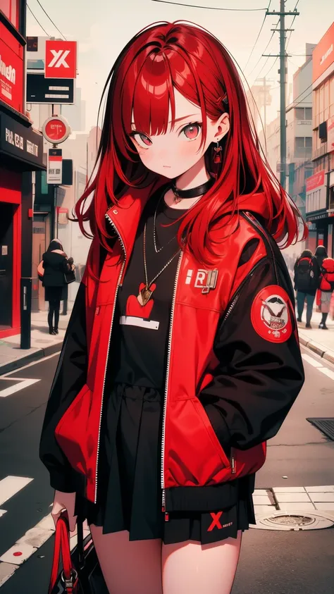 girl, shy, Redhead, Red mix black open short jacket, On the background of the street