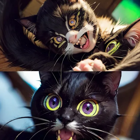 Crazy face cat、Fierce looking cat、Laughing Cat、A composition that emphasizes the eyes staring straight ahead、(Wide open pupils:1.9)、Psychedelic Background、Laughing Cat娘、