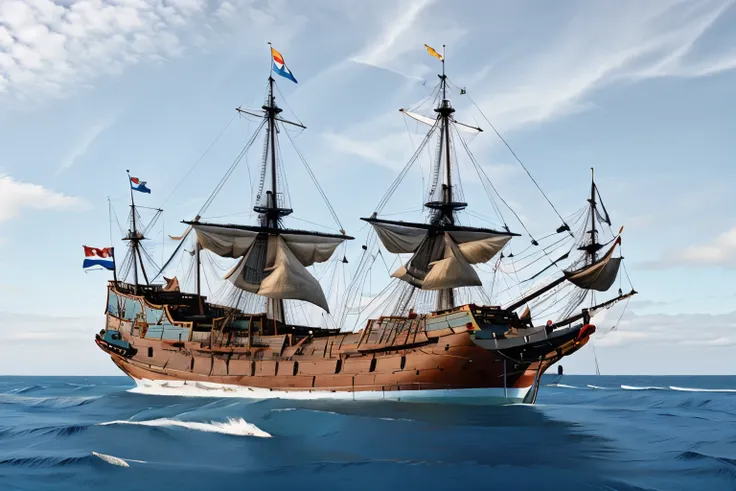 (Ocean landscape scene with ship)、(2:1.2)、(2のガレオン船:1.2)、(Ship)、(Complete drawing from bow to stern:1.2)、(sail)、膨らんだsail、Detailed Description、Blur the background、horizontal line、(masterpiece, Highest quality:1.2)、4K High Resolution、