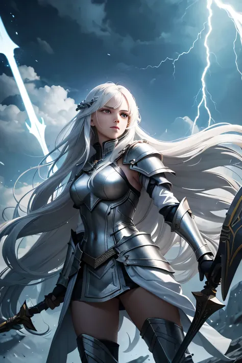 A long white-haired Valkyrie clad in gleaming armor stands courageously on a divine battlefield. The background is illuminated by flashes of lightning, highlighting the intensity of the fierce combat surrounding her. She wields a powerful spear, her gaze f...