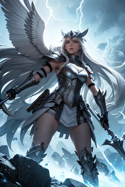 a long white-haired valkyrie clad in gleaming armor stands courageously on a divine battlefield. the background is illuminated b...