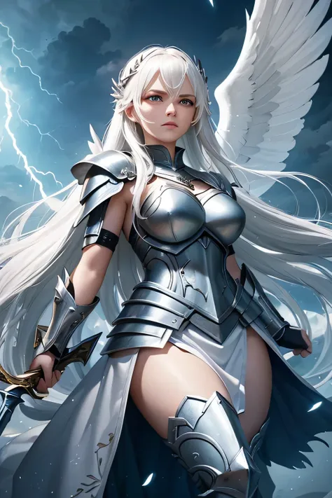 a long white-haired valkyrie clad in gleaming armor stands courageously on a divine battlefield. the background is illuminated b...