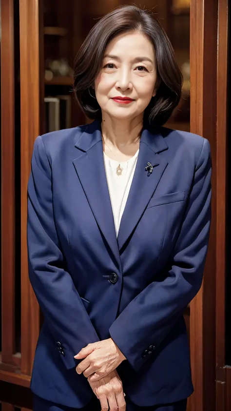 Beautiful mature woman、60-year-old woman、Photo of your ID、Red lips, Thin lips, business suit、first round, Light from the front