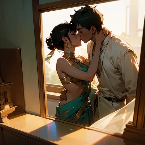 Young boy shirtless kissing and making out passionately with a woman wearing a saree leaning on windowsill, natural light, intense and intimate, lustful