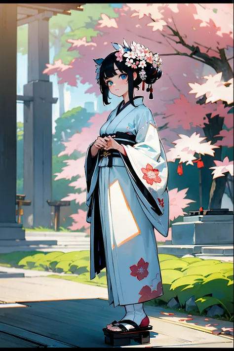 1female, black hair, heterochromia (one blue eye, one black eye), wearing a white kimono with floral embroidery, traditional sandals, standing in a Japanese garden, detailed face, hands to the side.