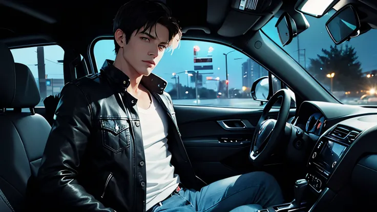 A handsome man. Short black hair. Late twenties. He is driving a car with a serious expression on his face. A car is moving on a country road late at night. He is wearing a jacket and jeans.