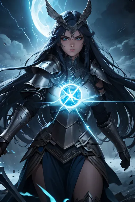 A long blue-haired Valkyrie clad in gleaming armor stands bravely on a divine battlefield under a dark, starry sky. The background is illuminated by flashes of lightning, casting an eerie glow on the intense battle unfolding around her. She wields a powerf...