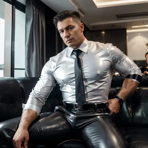 30 years old, the young daddy, very handsome, wear "shiny, tight-fitting body suit", wear white shirt, very glossy shiny silver ...