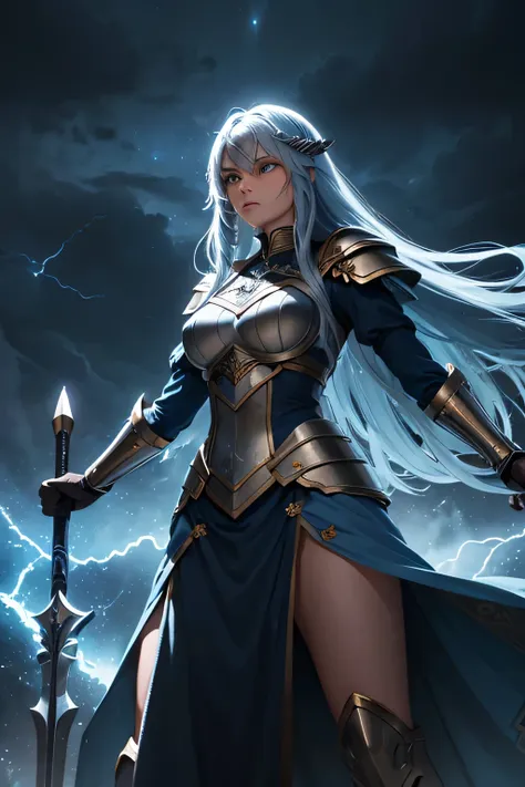 a long blue-haired valkyrie clad in gleaming armor stands bravely on a divine battlefield under a dark, starry sky. the backgrou...