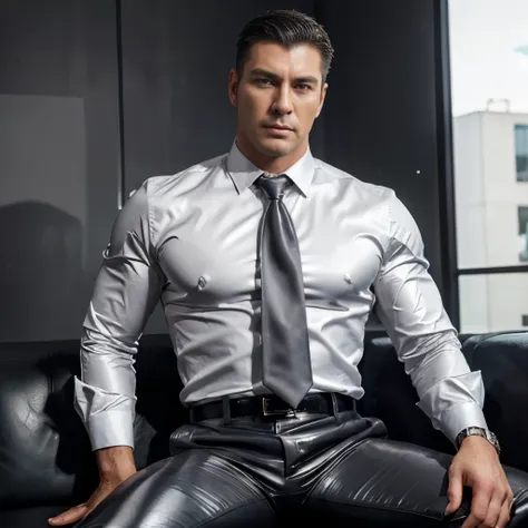 30 years old, the young daddy, very handsome, wear "glossy shiny suit", wear white shirt, very glossy shiny silver dark gray pan...